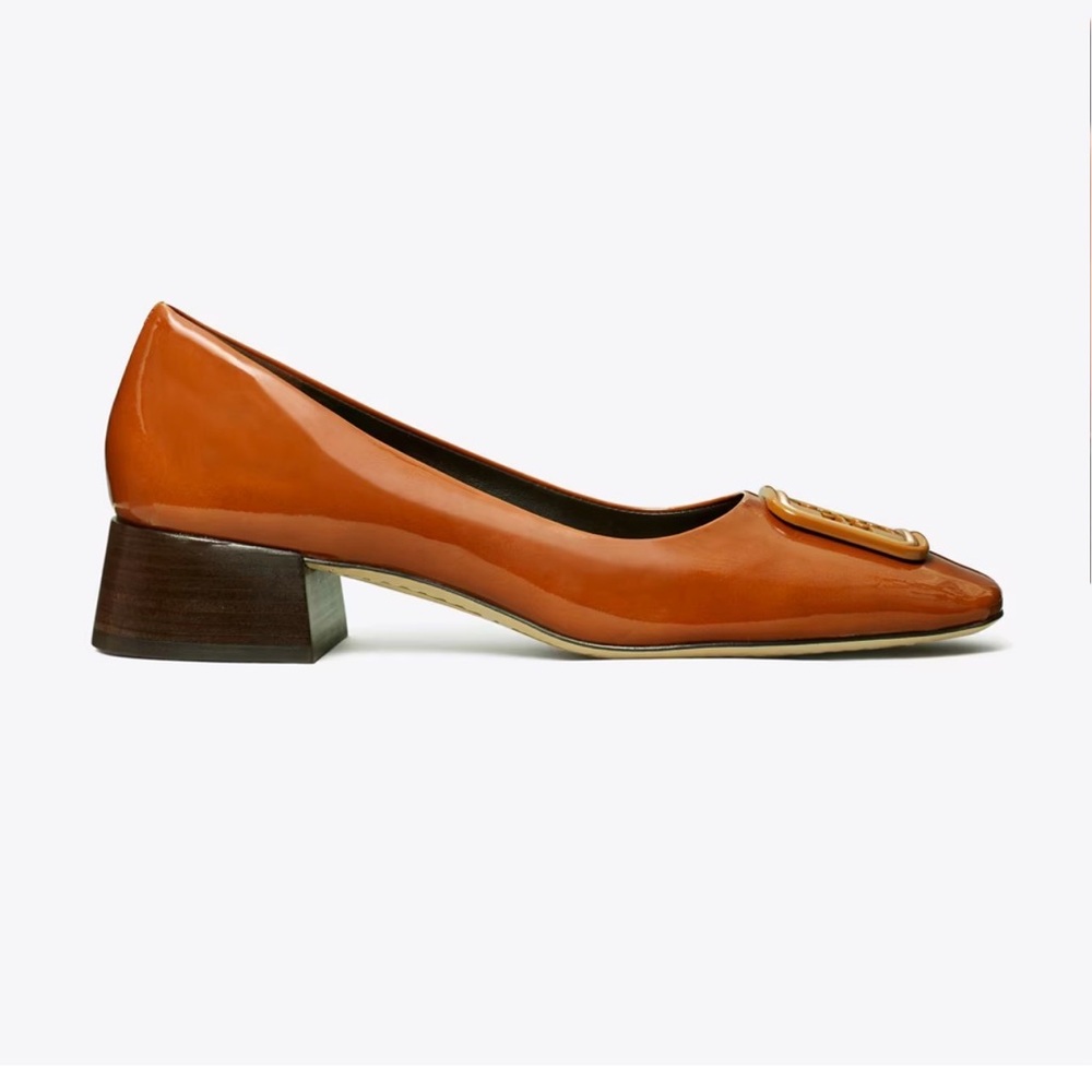 Tory Burch Cognac Patent Low Block Heel Pump with Gold Accent
